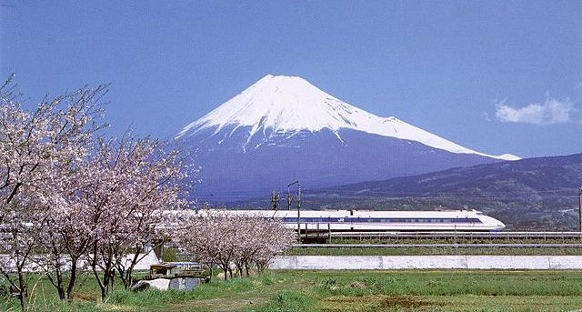 Bullet train in front of Mount Fuji, Japan